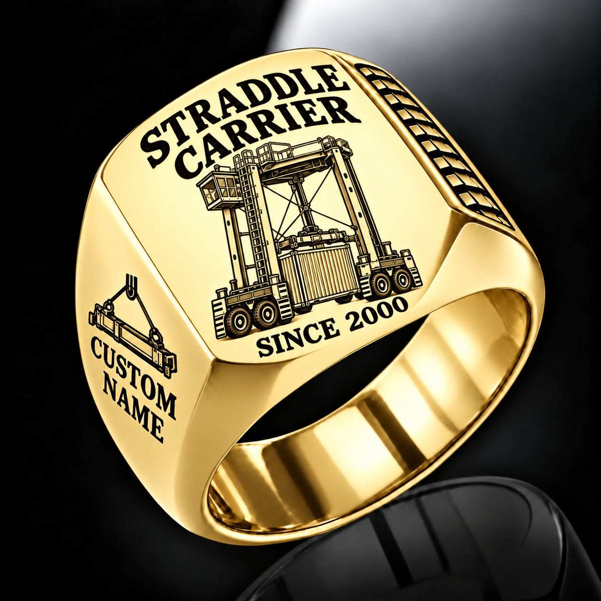 Gold finish Konecranes Noell Hybrid Straddle Carrier Signet Ring - PNCT Configuration with Hybrid Straddle Carrier - PNCT configuration machine engraving, CUSTOM NAME and SINCE 2000 sample text.