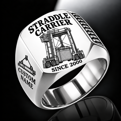 Silver finish Konecranes Noell Hybrid Straddle Carrier Signet Ring - PNCT Configuration with Hybrid Straddle Carrier - PNCT configuration machine engraving, CUSTOM NAME and SINCE 2000 sample text.