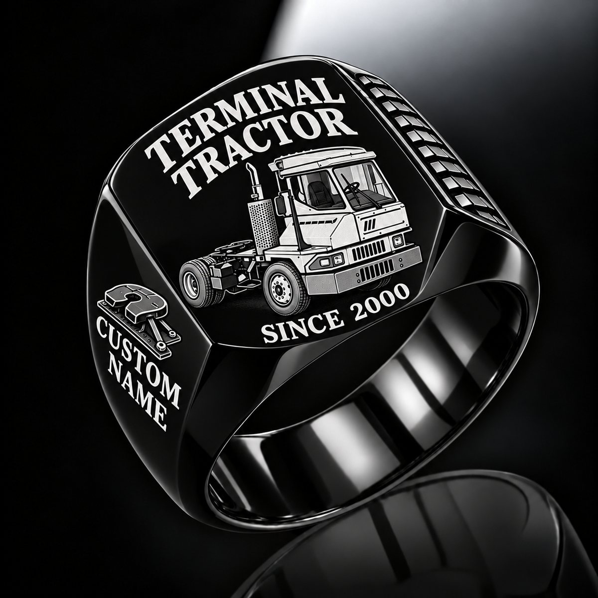 Black finish Kalmar Ottawa T2 4x2 Terminal Tractor Signet Ring with T2 4x2 machine engraving, CUSTOM NAME and SINCE 2000 sample text.