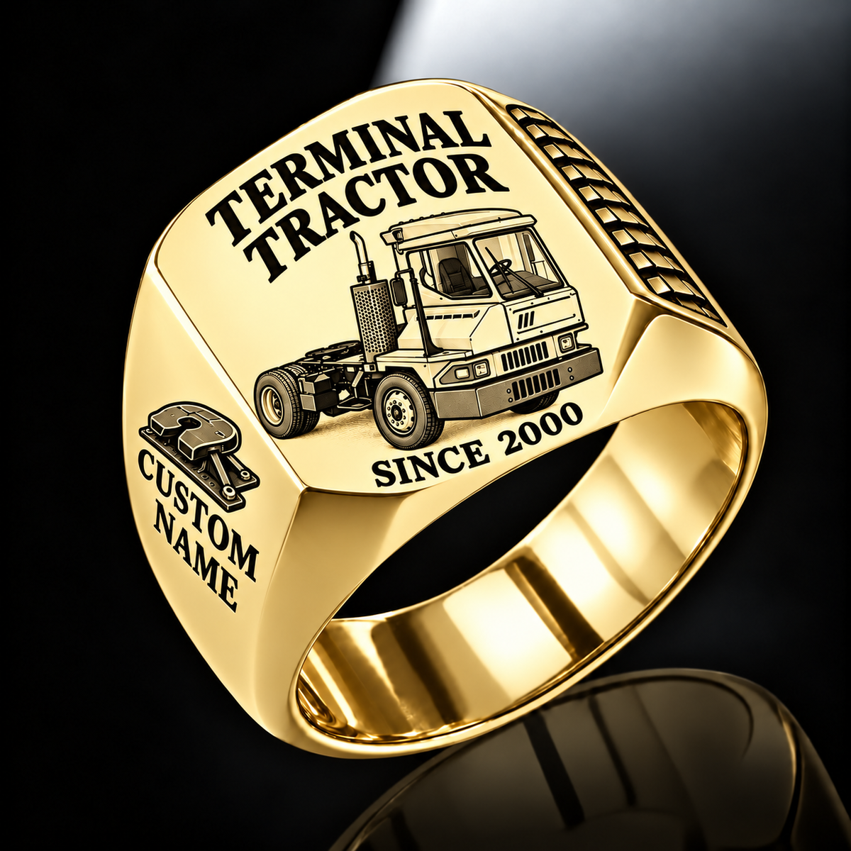 Gold finish Kalmar Ottawa T2 4x2 Terminal Tractor Signet Ring with T2 4x2 machine engraving, CUSTOM NAME and SINCE 2000 sample text.