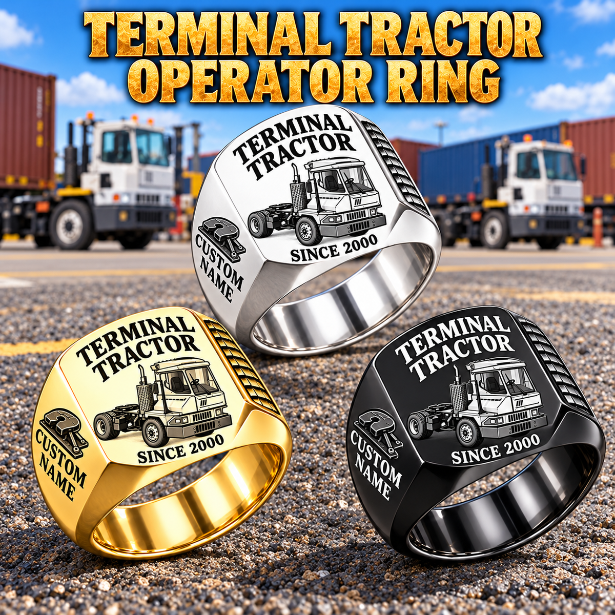 Kalmar Ottawa T2 4x2 Terminal Tractor Signet Ring: Silver, Gold and Black signet rings with T2 4x2 machine engraving, CUSTOM NAME and SINCE 2000 sample text.