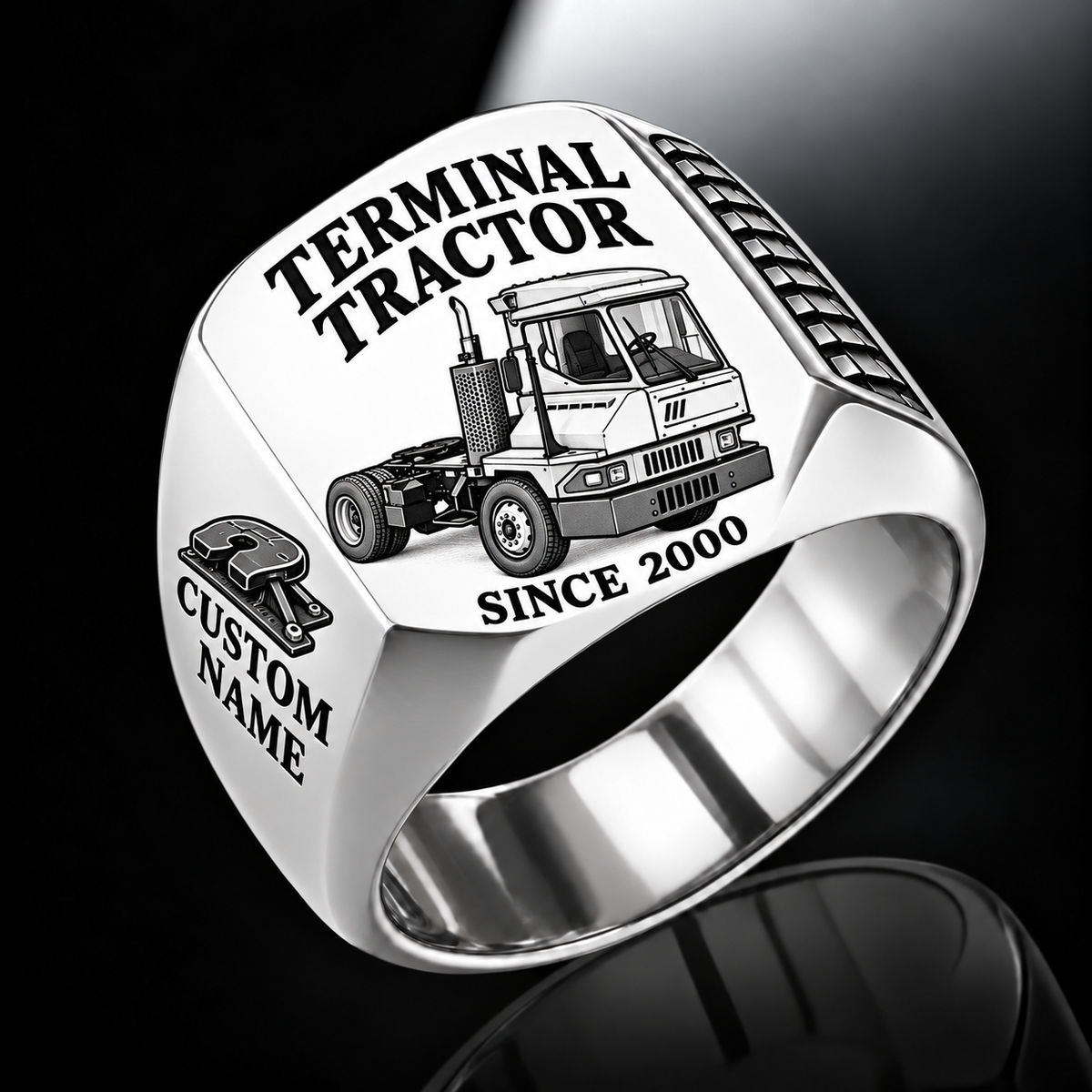 Silver finish Kalmar Ottawa T2 4x2 Terminal Tractor Signet Ring with T2 4x2 machine engraving, CUSTOM NAME and SINCE 2000 sample text.