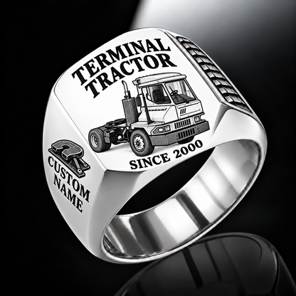 Silver finish Kalmar Ottawa T2 4x2 Terminal Tractor Signet Ring with T2 4x2 machine engraving, CUSTOM NAME and SINCE 2000 sample text.