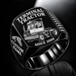 Black finish Capacity TJ 5000 Terminal Tractor Signet Ring with TJ 5000 machine engraving, CUSTOM NAME and SINCE 2000 sample text.