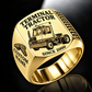 Gold finish Capacity TJ 5000 Terminal Tractor Signet Ring with TJ 5000 machine engraving, CUSTOM NAME and SINCE 2000 sample text.