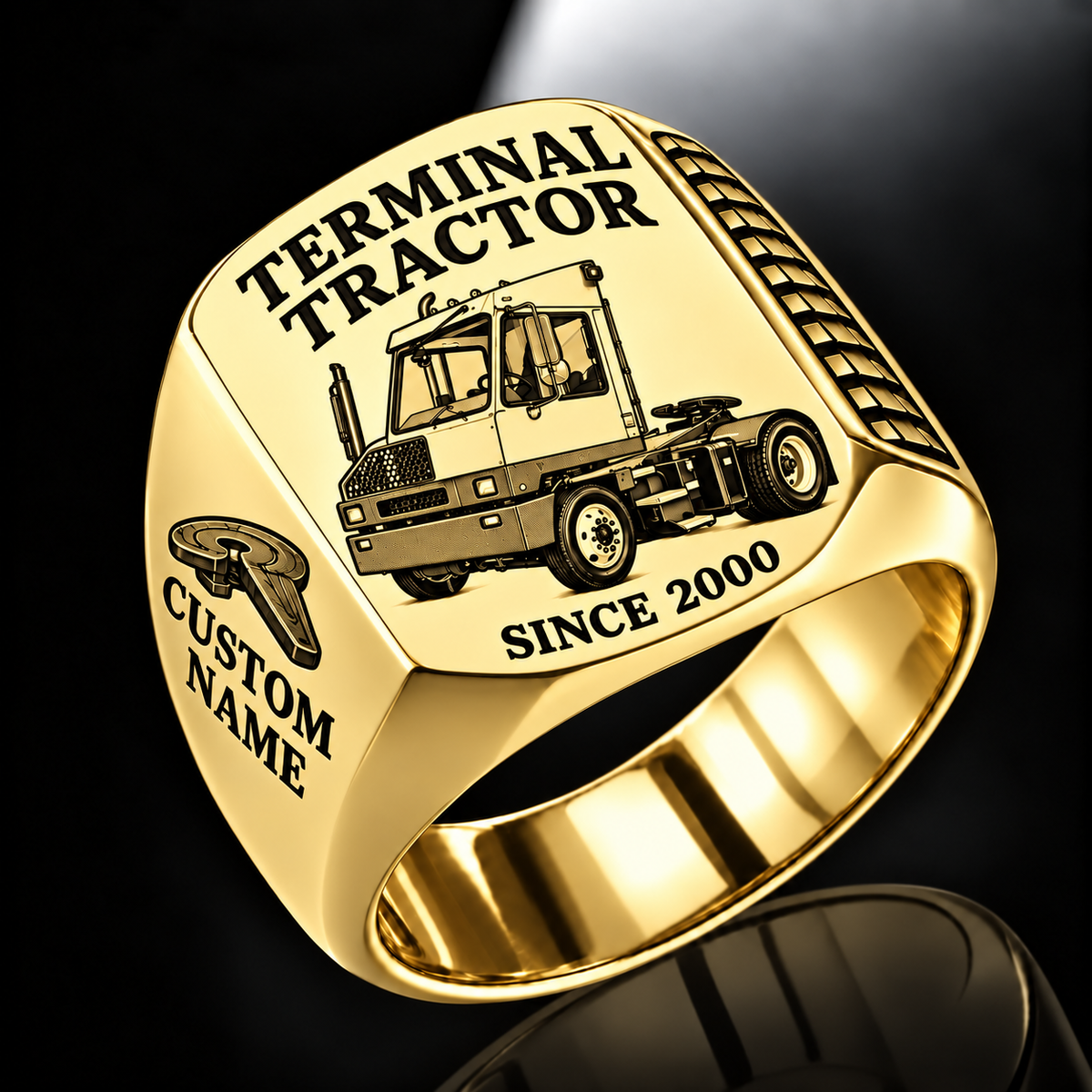 Gold finish Capacity TJ 5000 Terminal Tractor Signet Ring with TJ 5000 machine engraving, CUSTOM NAME and SINCE 2000 sample text.