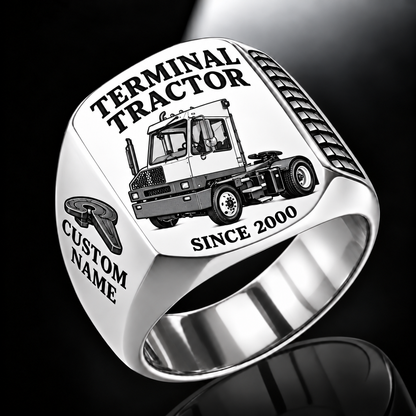 Silver finish Capacity TJ 5000 Terminal Tractor Signet Ring with TJ 5000 machine engraving, CUSTOM NAME and SINCE 2000 sample text.