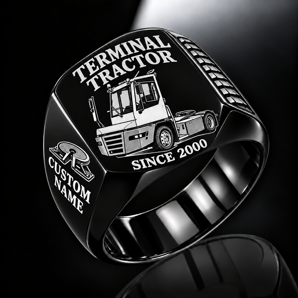 Black finish Terberg YT193 Terminal Tractor Signet Ring with YT193 machine engraving, CUSTOM NAME and SINCE 2000 sample text.