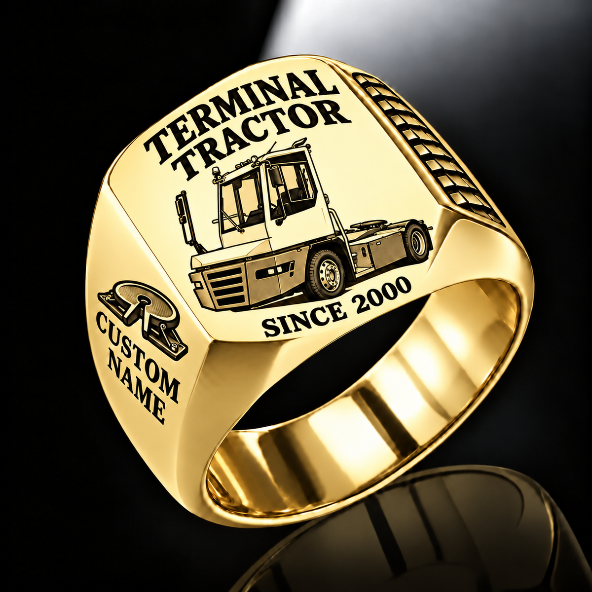 Gold finish Terberg YT193 Terminal Tractor Signet Ring with YT193 machine engraving, CUSTOM NAME and SINCE 2000 sample text.