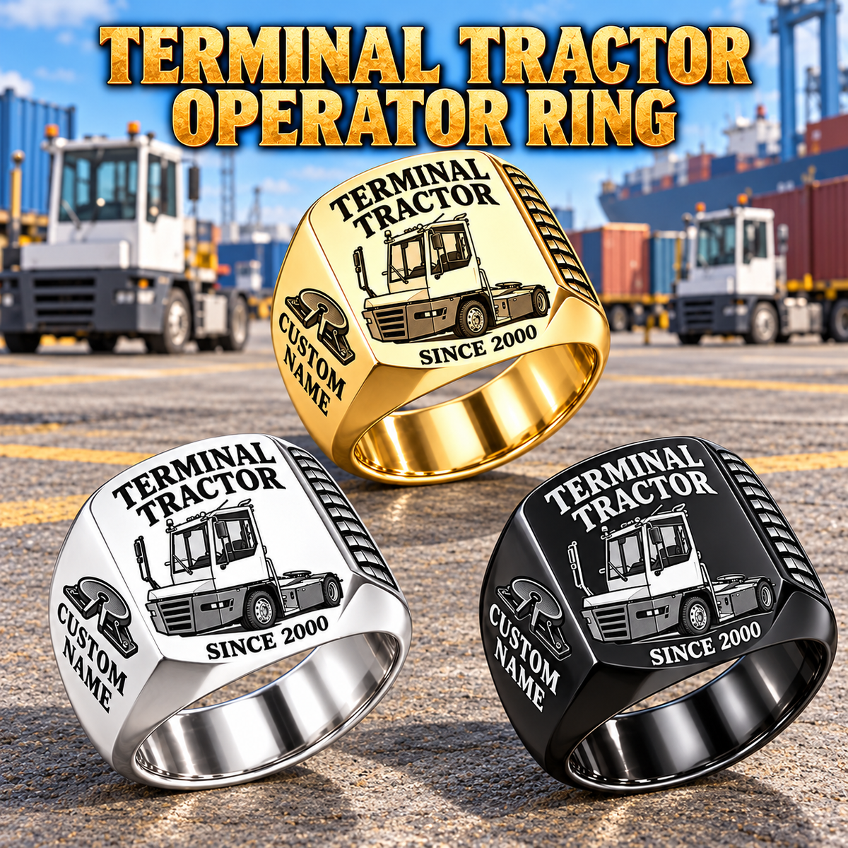Terberg YT193 Terminal Tractor Signet Ring: Silver, Gold and Black signet rings with YT193 machine engraving, CUSTOM NAME and SINCE 2000 sample text.