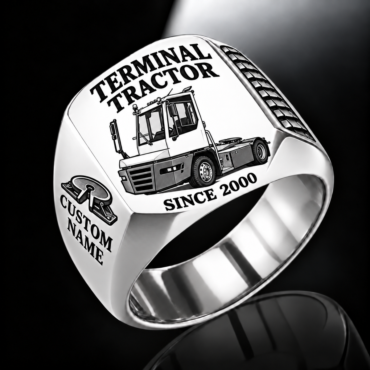 Silver finish Terberg YT193 Terminal Tractor Signet Ring with YT193 machine engraving, CUSTOM NAME and SINCE 2000 sample text.