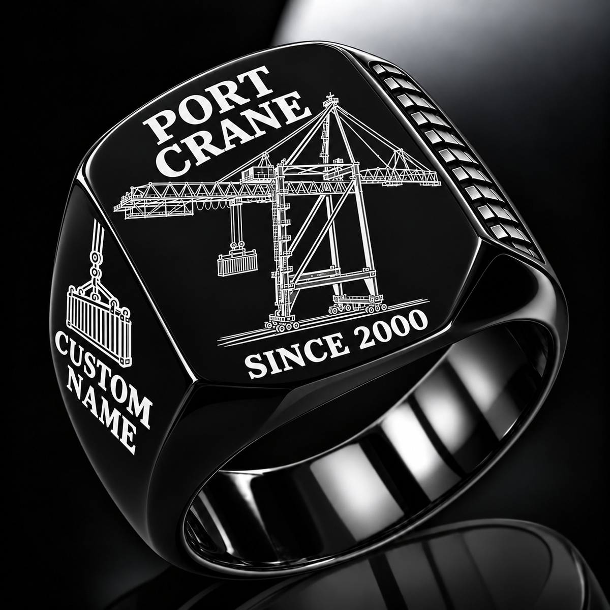 Black finish Liebherr STS 69 m Port Crane Signet Ring - PNCT Configuration with STS 69 m outreach - PNCT configuration machine engraving, CUSTOM NAME and SINCE 2000 sample text.