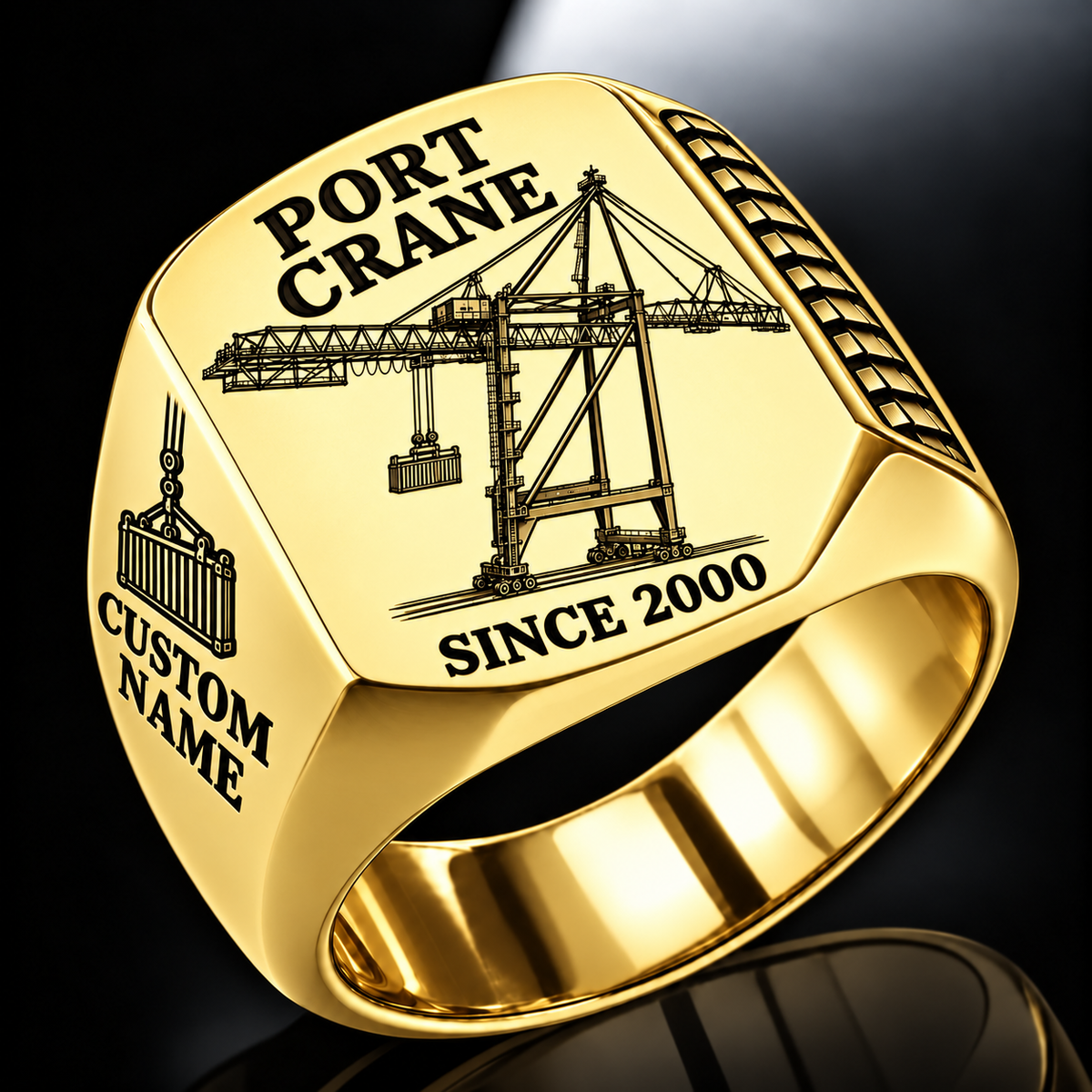 Gold finish Liebherr STS 69 m Port Crane Signet Ring - PNCT Configuration with STS 69 m outreach - PNCT configuration machine engraving, CUSTOM NAME and SINCE 2000 sample text.