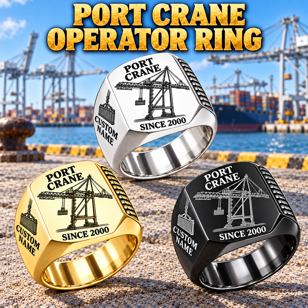 Liebherr STS 69 m Port Crane Signet Ring - PNCT Configuration: Silver, Gold and Black signet rings with STS 69 m outreach - PNCT configuration machine engraving, CUSTOM NAME and SINCE 2000 sample text.