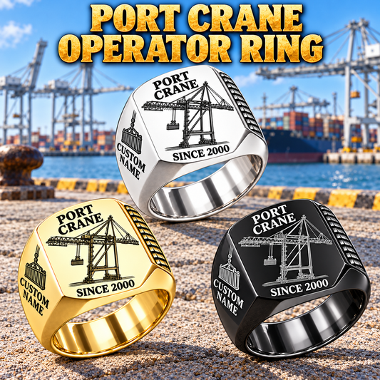 Liebherr STS 69 m Port Crane Signet Ring - PNCT Configuration: Silver, Gold and Black signet rings with STS 69 m outreach - PNCT configuration machine engraving, CUSTOM NAME and SINCE 2000 sample text.