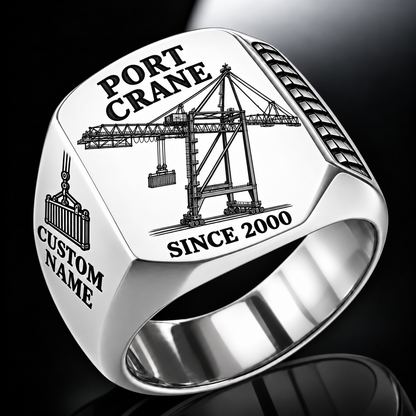 Silver finish Liebherr STS 69 m Port Crane Signet Ring - PNCT Configuration with STS 69 m outreach - PNCT configuration machine engraving, CUSTOM NAME and SINCE 2000 sample text.