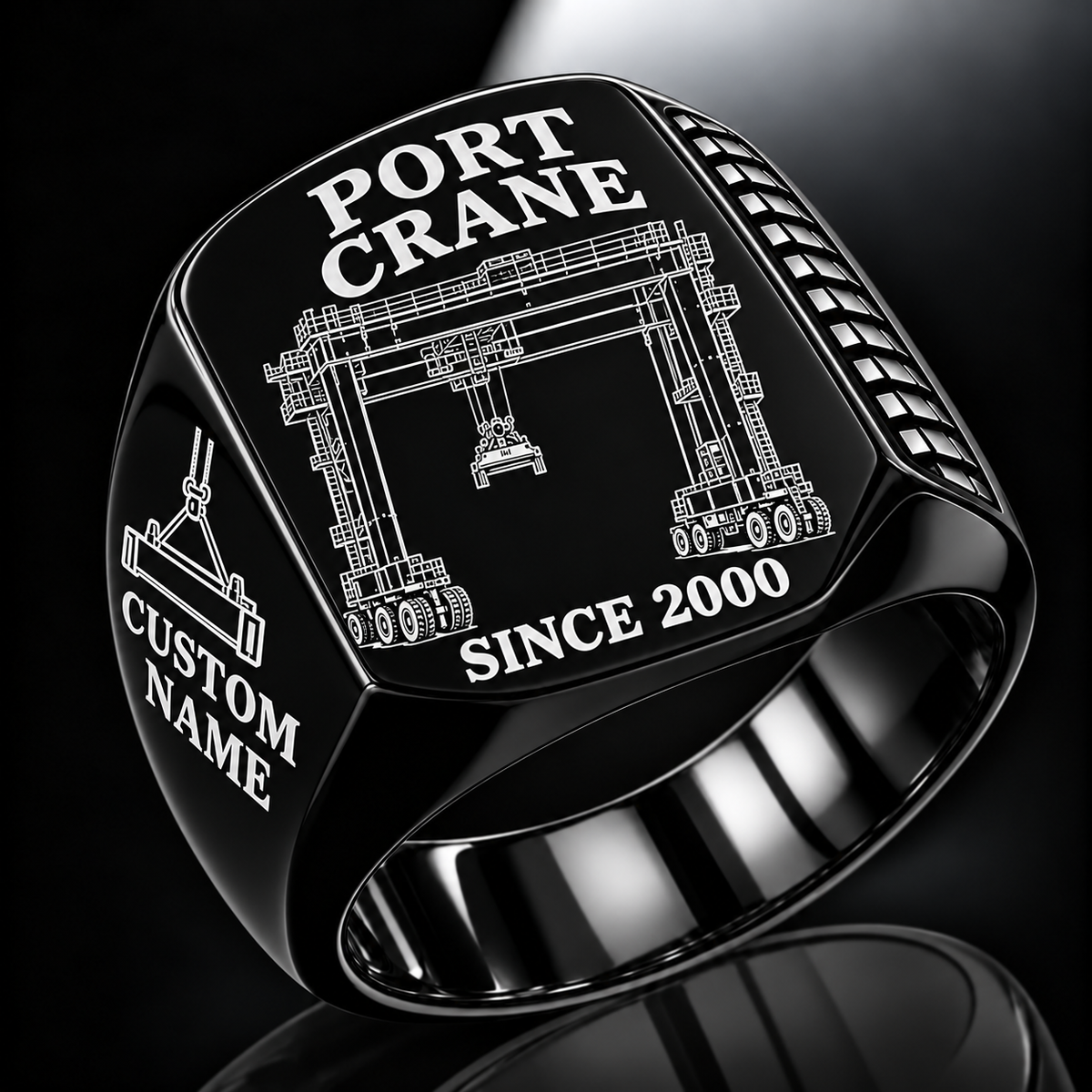 Black finish Konecranes Hybrid RTG Port Crane Signet Ring - Savannah Configuration with Hybrid RTG - Savannah configuration machine engraving, CUSTOM NAME and SINCE 2000 sample text.