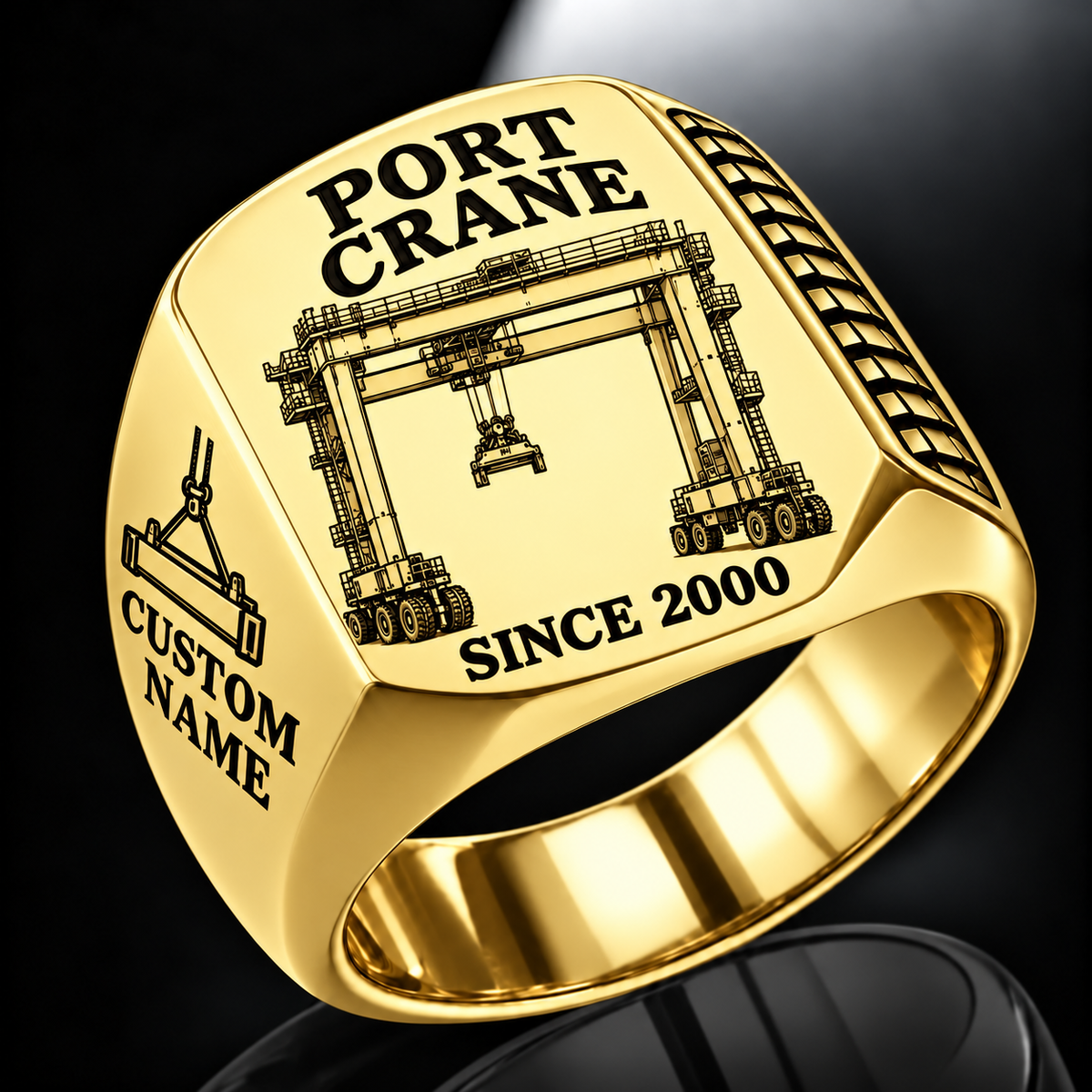 Gold finish Konecranes Hybrid RTG Port Crane Signet Ring - Savannah Configuration with Hybrid RTG - Savannah configuration machine engraving, CUSTOM NAME and SINCE 2000 sample text.