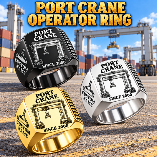 Konecranes Hybrid RTG Port Crane Signet Ring - Savannah Configuration: Silver, Gold and Black signet rings with Hybrid RTG - Savannah configuration machine engraving, CUSTOM NAME and SINCE 2000 sample text.