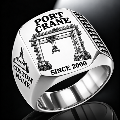 Silver finish Konecranes Hybrid RTG Port Crane Signet Ring - Savannah Configuration with Hybrid RTG - Savannah configuration machine engraving, CUSTOM NAME and SINCE 2000 sample text.