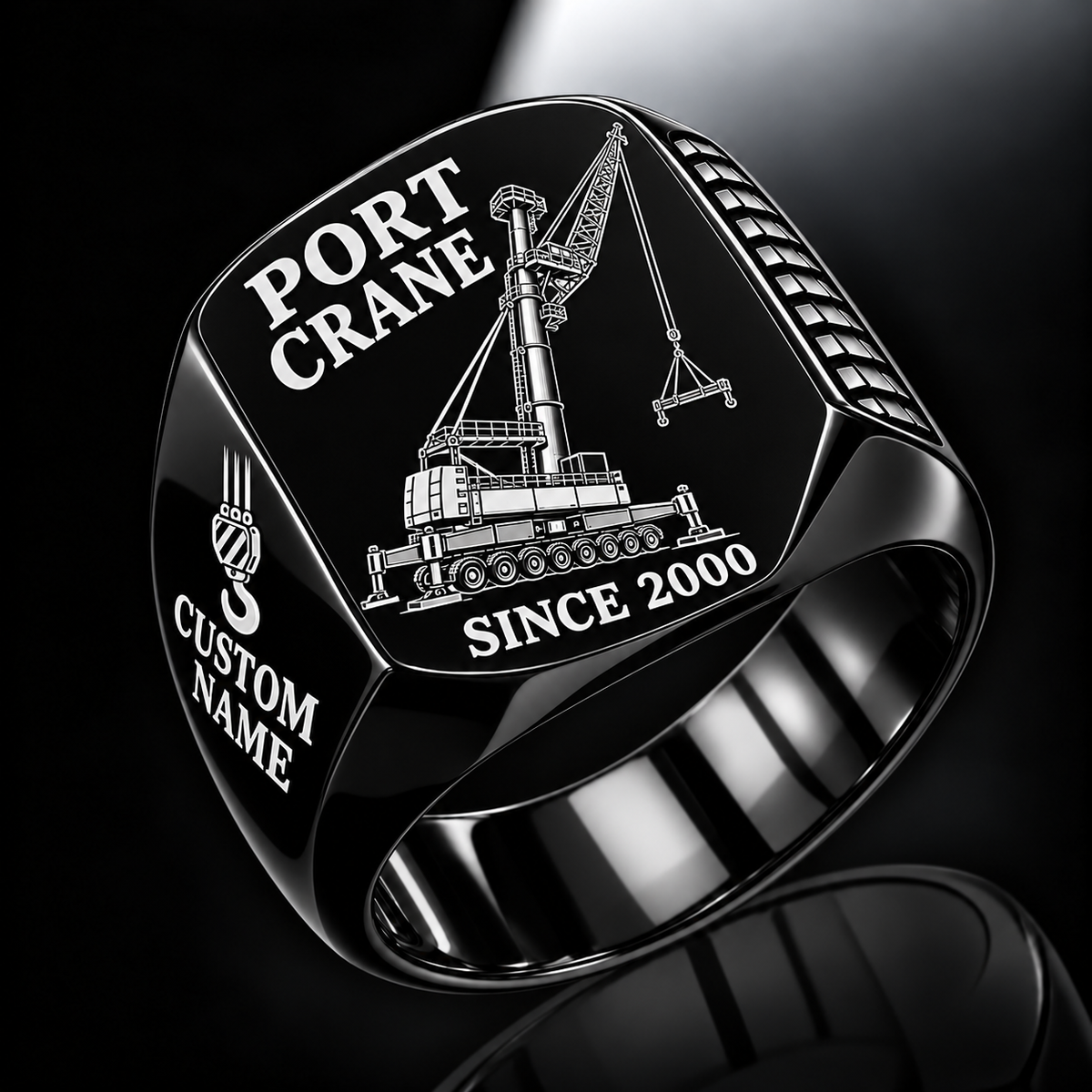 Black finish Liebherr LHM 550 Electric High-Rise Port Crane Signet Ring with LHM 550 Electric High-Rise machine engraving, CUSTOM NAME and SINCE 2000 sample text.