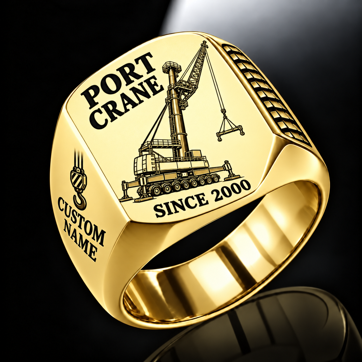 Gold finish Liebherr LHM 550 Electric High-Rise Port Crane Signet Ring with LHM 550 Electric High-Rise machine engraving, CUSTOM NAME and SINCE 2000 sample text.