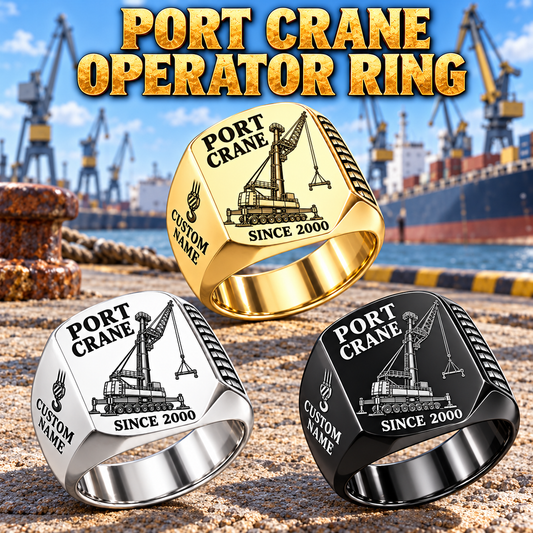 Liebherr LHM 550 Electric High-Rise Port Crane Signet Ring: Silver, Gold and Black signet rings with LHM 550 Electric High-Rise machine engraving, CUSTOM NAME and SINCE 2000 sample text.