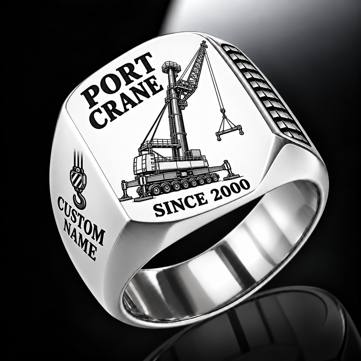 Silver finish Liebherr LHM 550 Electric High-Rise Port Crane Signet Ring with LHM 550 Electric High-Rise machine engraving, CUSTOM NAME and SINCE 2000 sample text.