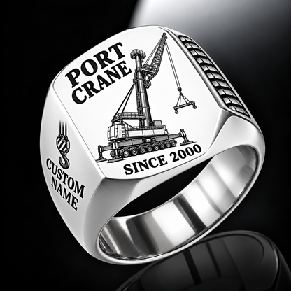 Silver finish Liebherr LHM 550 Electric High-Rise Port Crane Signet Ring with LHM 550 Electric High-Rise machine engraving, CUSTOM NAME and SINCE 2000 sample text.