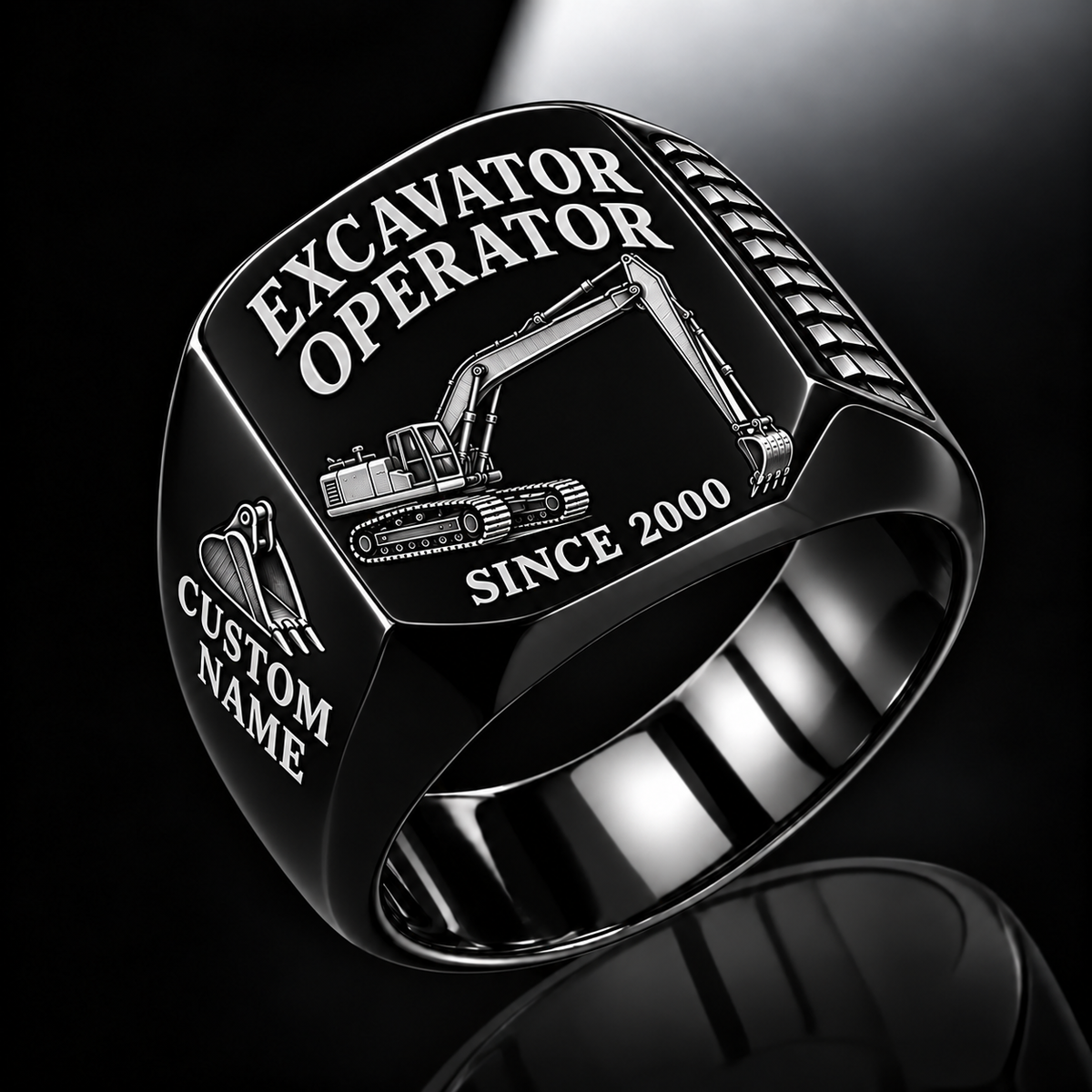 Long-Reach Excavator Operator ring black with CUSTOM NAME and SINCE 2000
