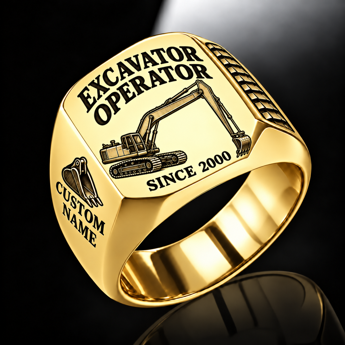 Long-Reach Excavator Operator ring gold with CUSTOM NAME and SINCE 2000
