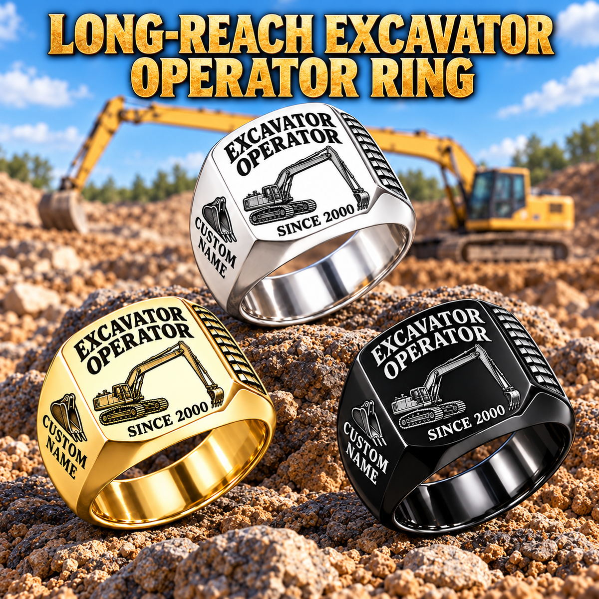 Long-Reach Excavator Operator ring in Silver, Gold and Black with CUSTOM NAME and SINCE 2000