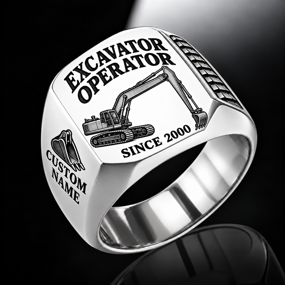 Long-Reach Excavator Operator ring silver with CUSTOM NAME and SINCE 2000