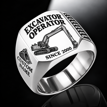 Long-Reach Excavator Operator ring silver with CUSTOM NAME and SINCE 2000