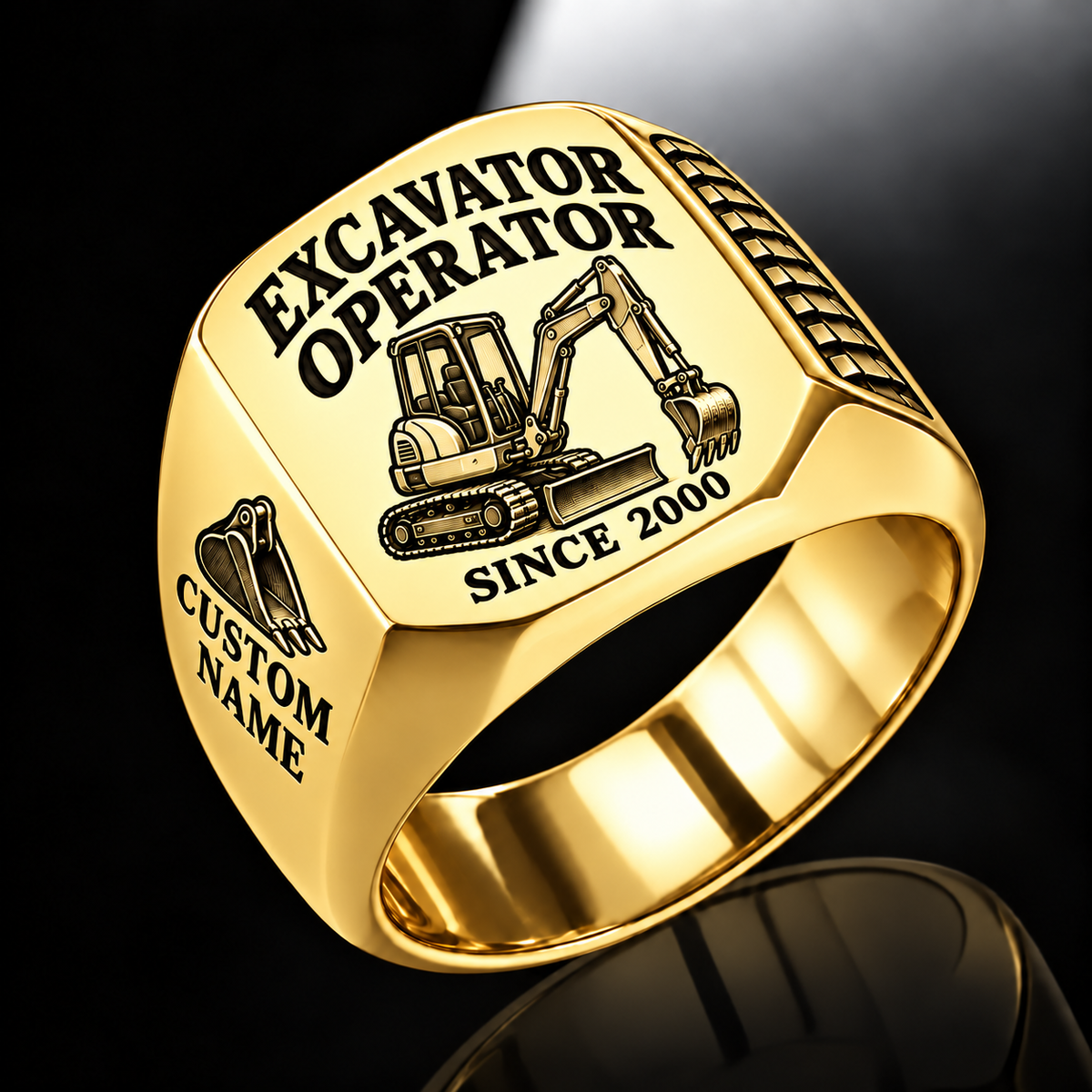 mini excavator operator signet ring, gold finish, sample name and year artwork