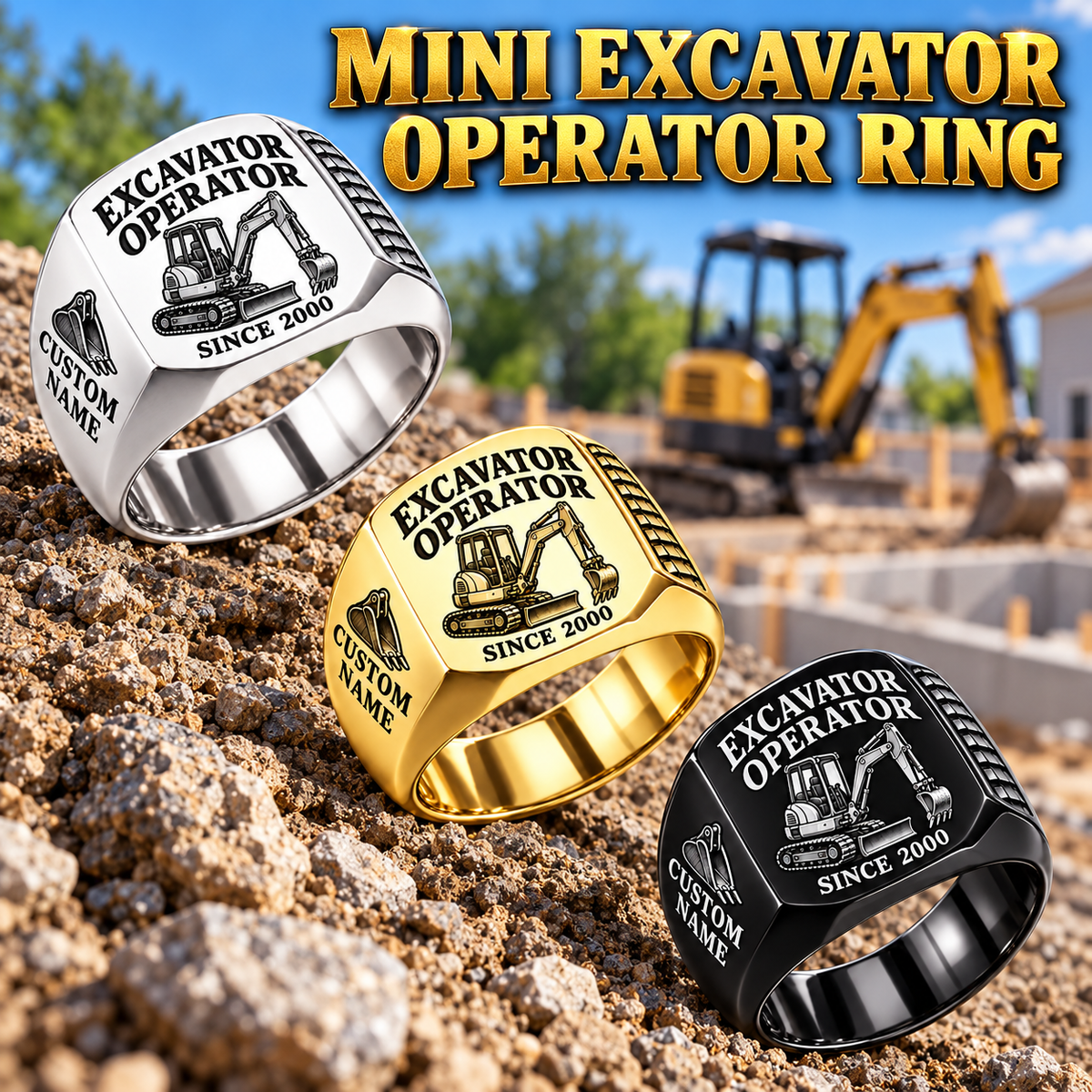 Mini excavator operator signet rings in a diagonal arrangement, Silver, Gold and Black, sample name and year artwork