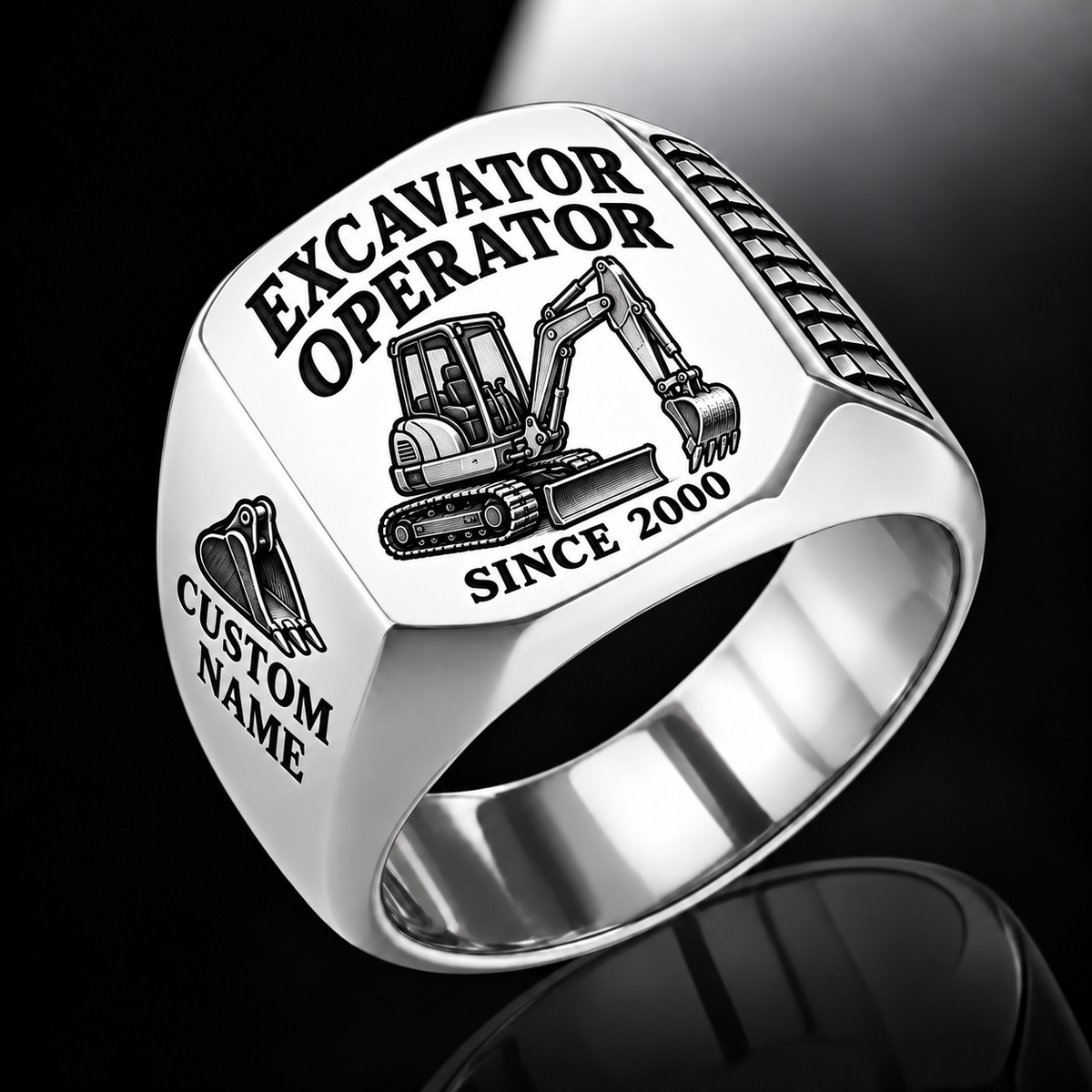 mini excavator operator signet ring, silver finish, sample name and year artwork
