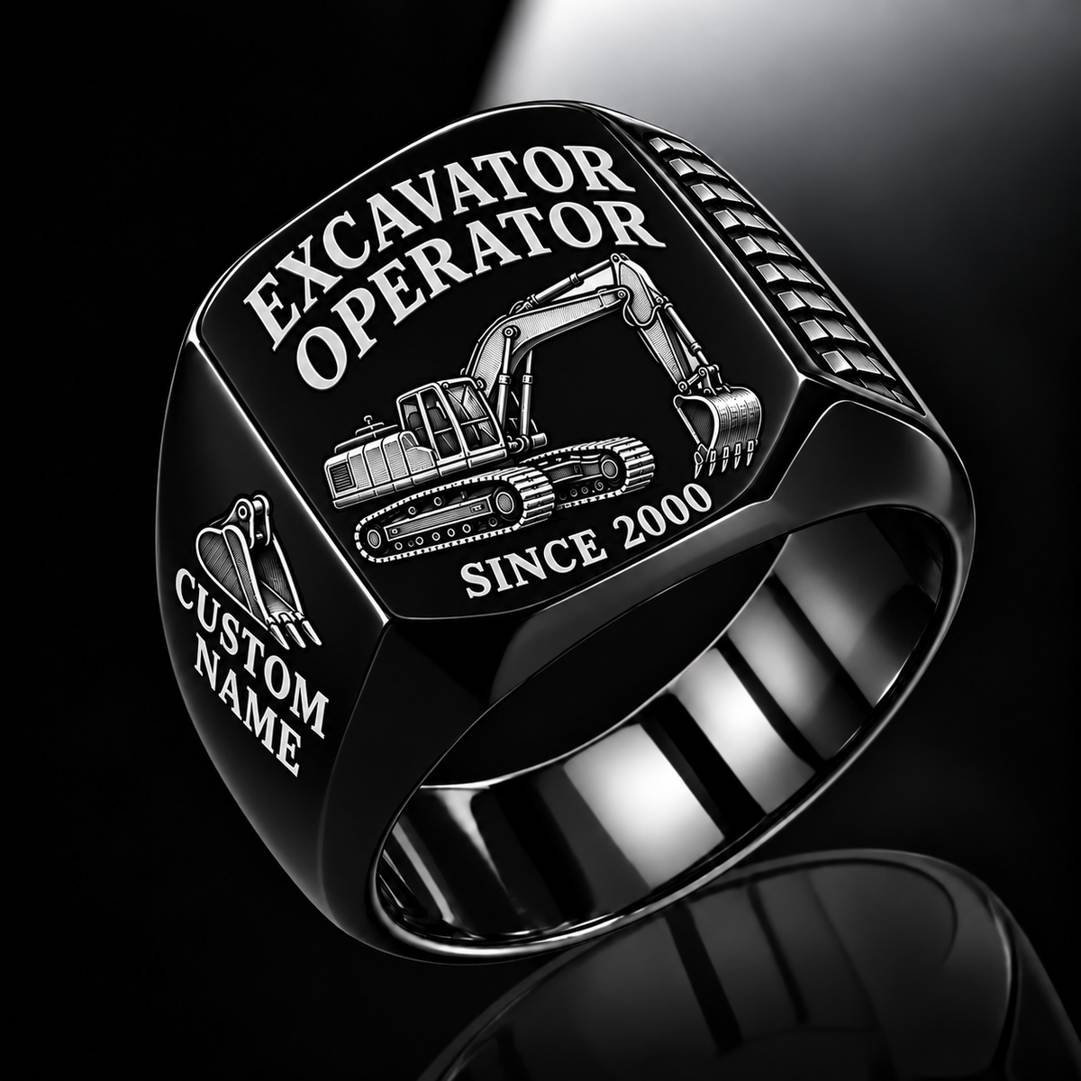 crawler excavator operator signet ring, black finish, sample name and year artwork