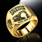 crawler excavator operator signet ring, gold finish, sample name and year artwork