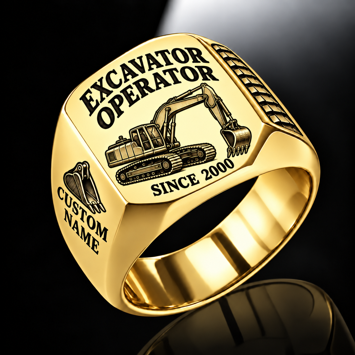 crawler excavator operator signet ring, gold finish, sample name and year artwork