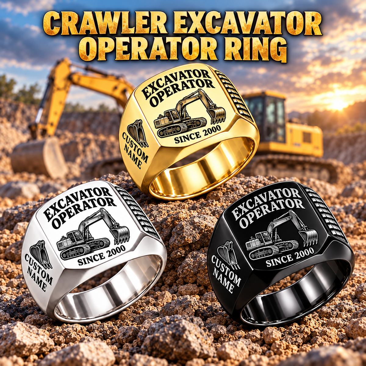 crawler excavator operator signet ring, Silver, Gold and Black finishes, sample name and year artwork