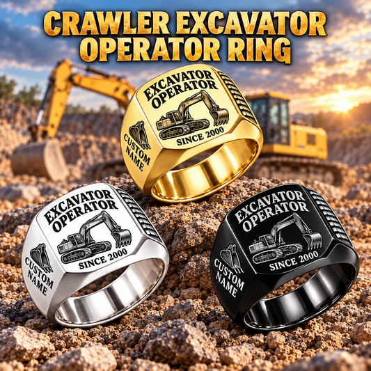 crawler excavator operator signet ring, Silver, Gold and Black finishes, sample name and year artwork