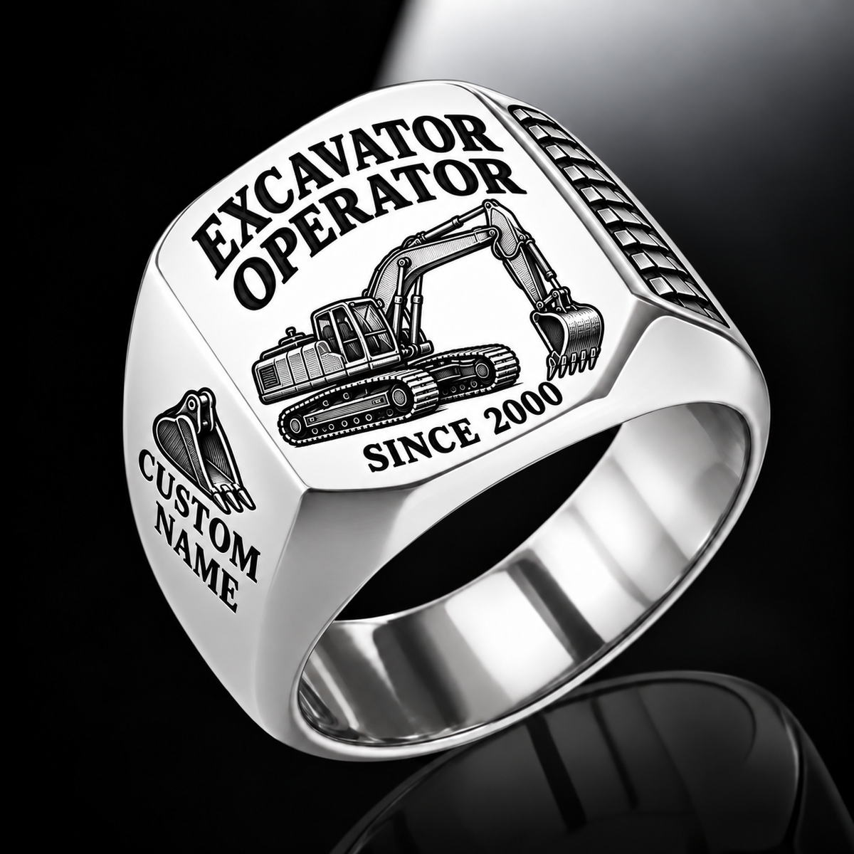 crawler excavator operator signet ring, silver finish, sample name and year artwork