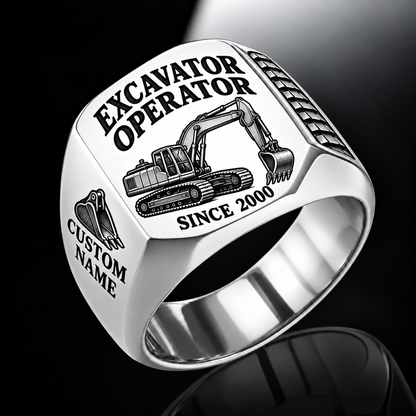 crawler excavator operator signet ring, silver finish, sample name and year artwork