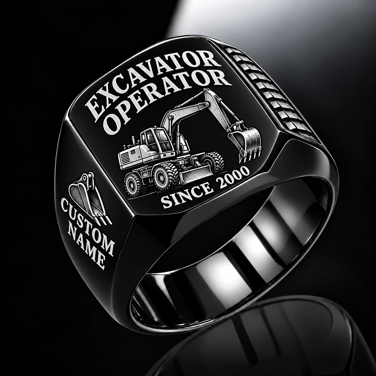 wheeled excavator operator signet ring, black finish, sample name and year artwork