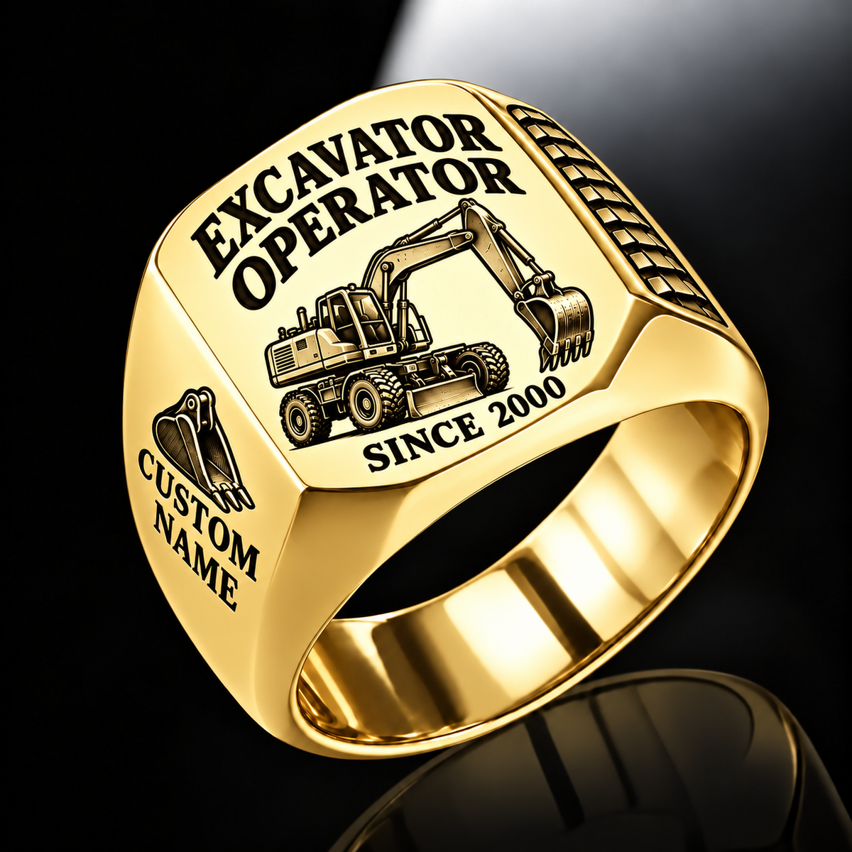 wheeled excavator operator signet ring, gold finish, sample name and year artwork