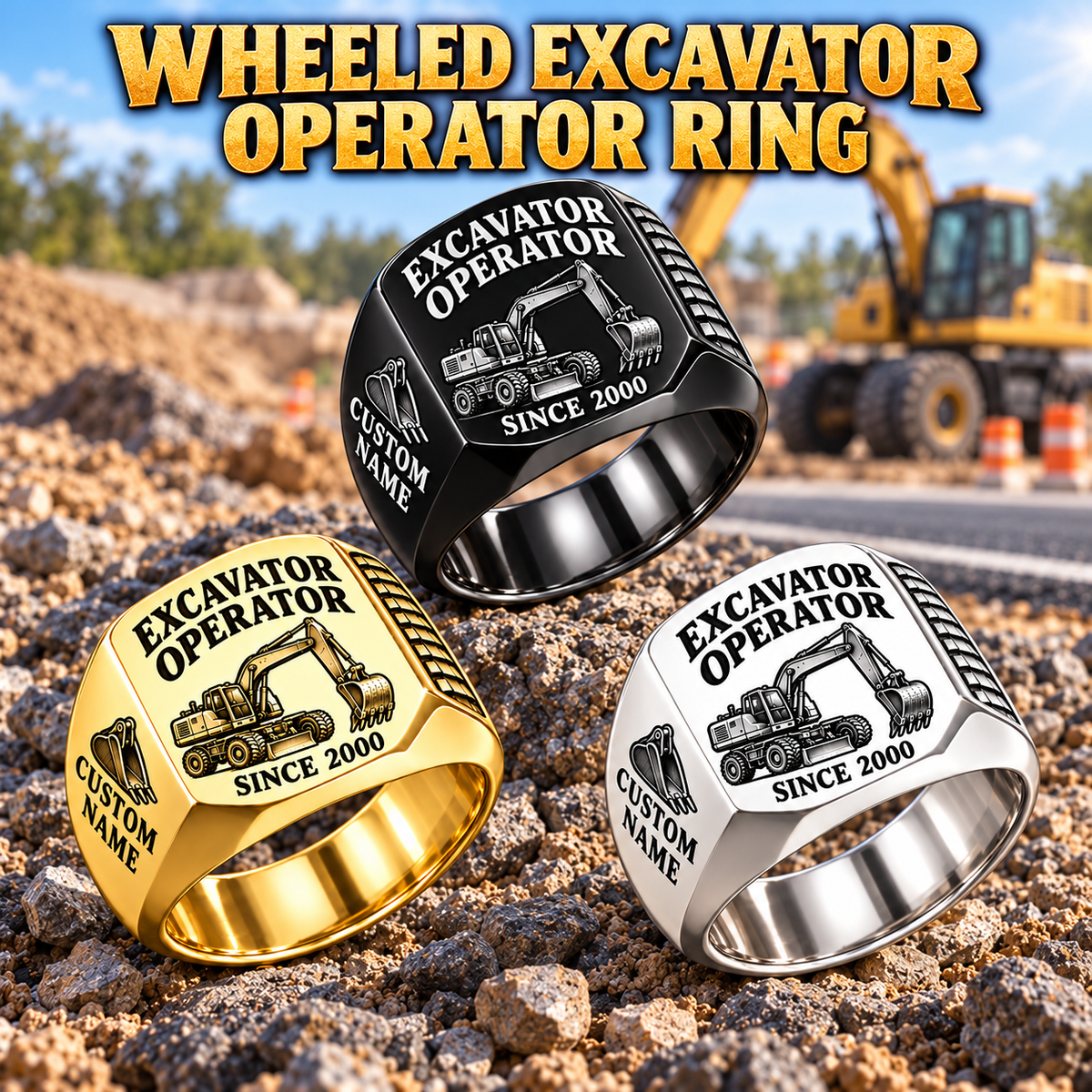 wheeled excavator operator signet ring, Silver, Gold and Black finishes, sample name and year artwork