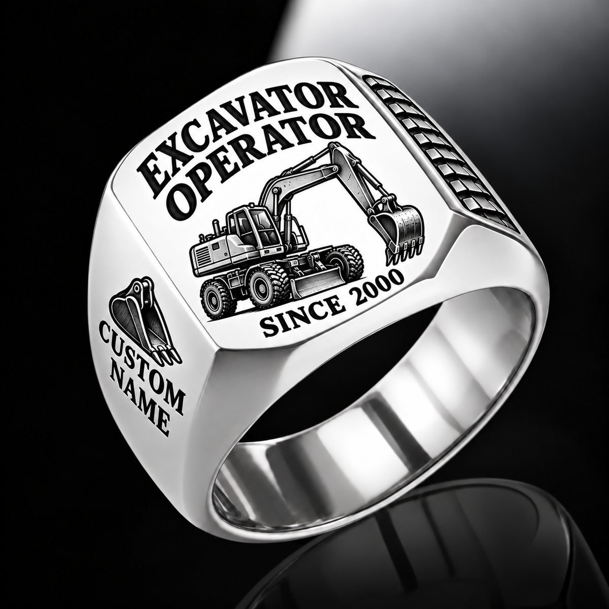 wheeled excavator operator signet ring, silver finish, sample name and year artwork
