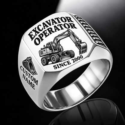 wheeled excavator operator signet ring, silver finish, sample name and year artwork