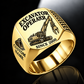high reach demolition excavator operator signet ring, gold finish, sample name and year artwork